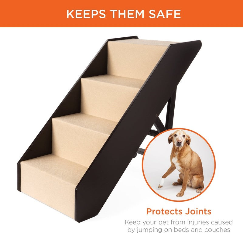 4 Step Foldable Adjustable, Wide Wooden Carpeted Pet Stairs for Injured, Elderly1