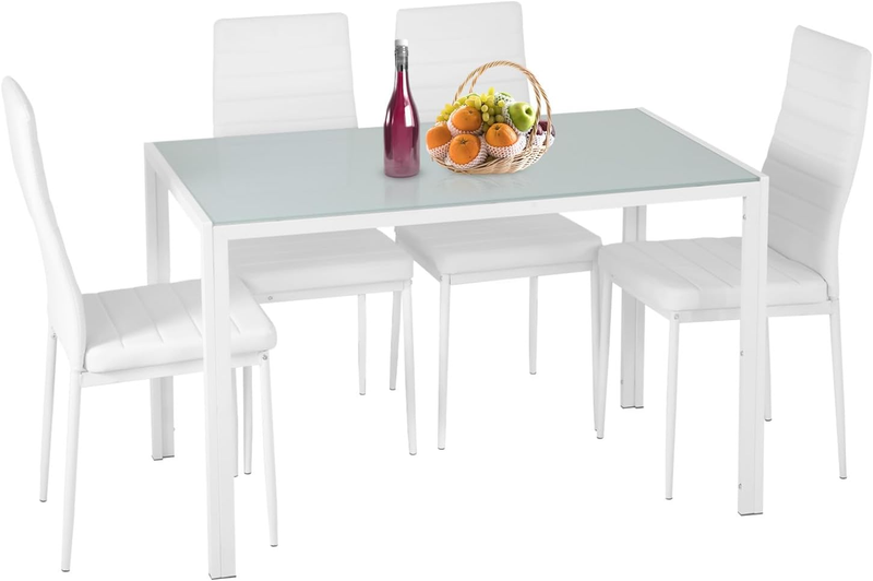5 Piece Dining Table Set White Glass Table 4 Chairs Faux Leather Easy Assembly10