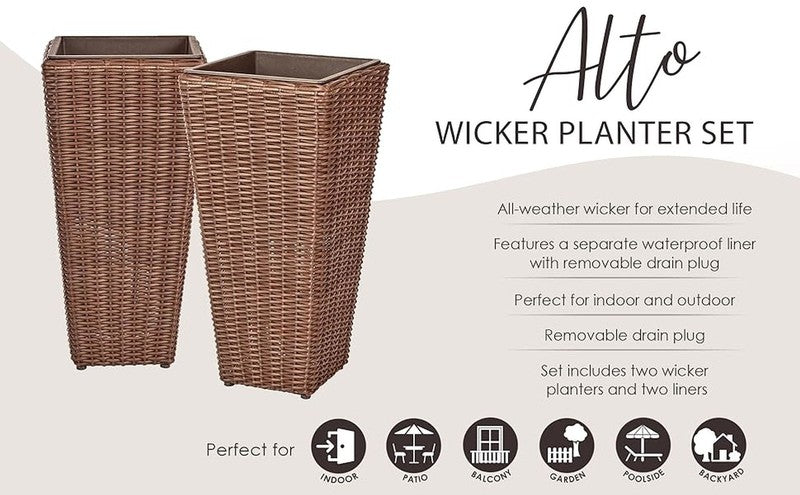 62501 Alto Wicker All Weather Planter Set with Liners Tall Plant Decor Box for O9