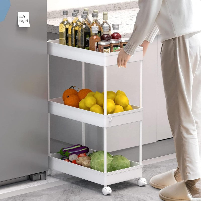 3-Tier Rolling Cart with Wheels, Storage Trolley Organizer with Baskets, White4