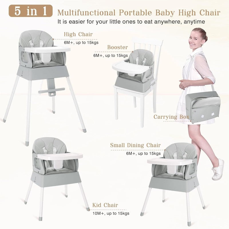 5 in 1 Foldable Baby High Chair Toddler Booster Seat w/ Tray & Harness Grey1