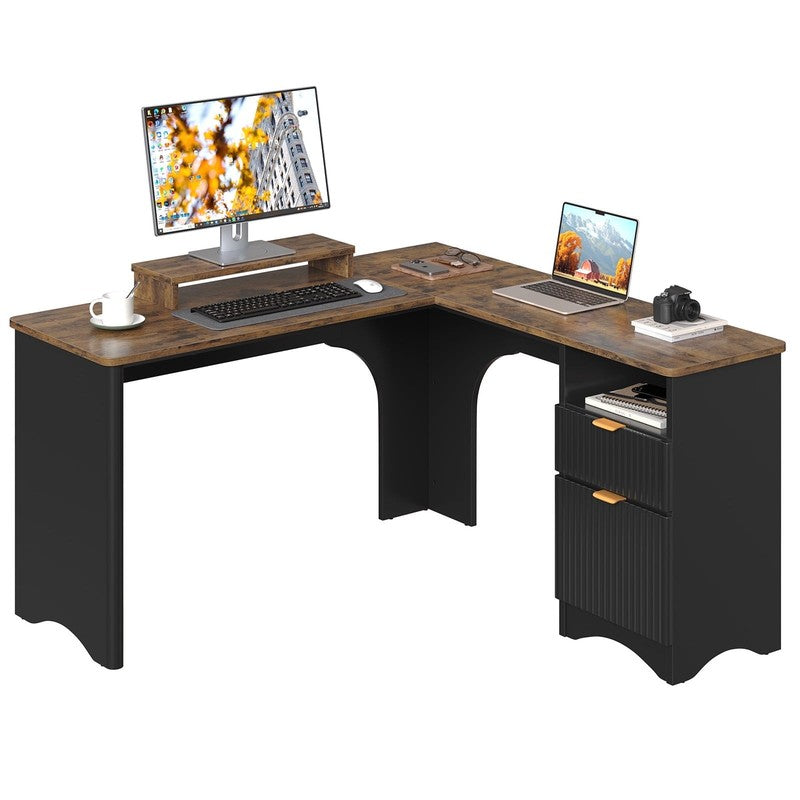 55" L-Shaped Desk with Drawers, Monitor Stand & Fluted Panels Black/Rustic10