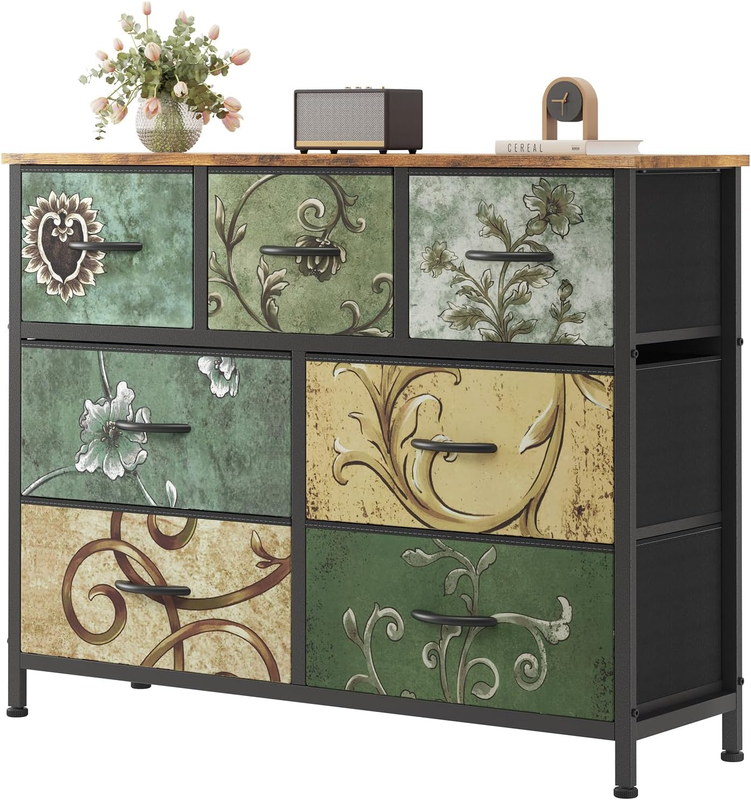 7 Drawer Fabric Dresser Storage Tower Steel Frame Wood Top Floral9