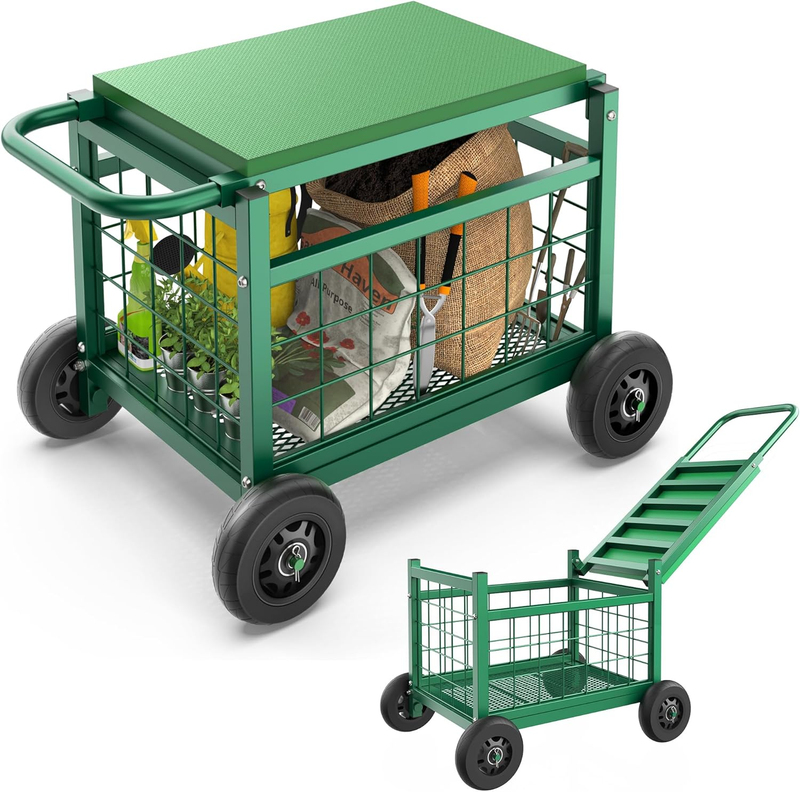 Rolling Garden Work Seat with Wheels, Upgraded Heavy Duty Gardenning Cart with S9