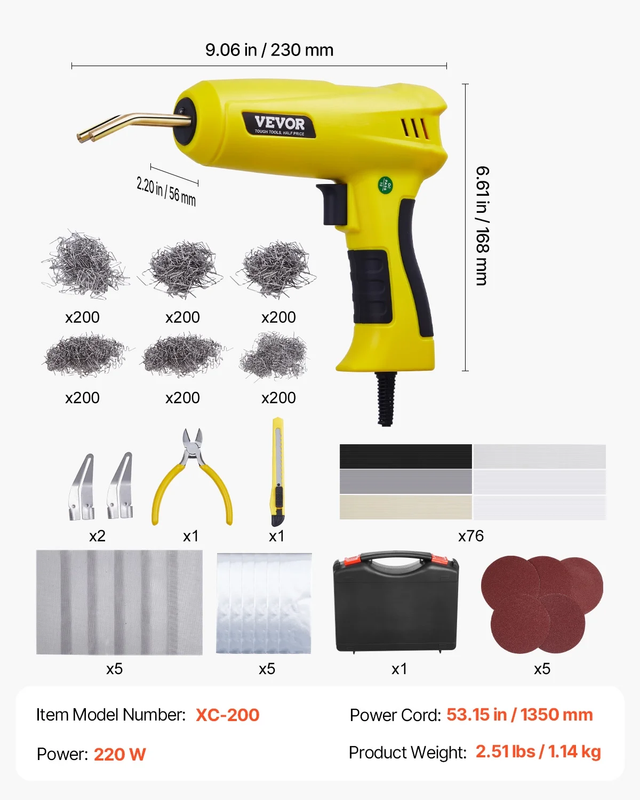 Plastic Welding Kit, 220W Plastic Welder Gun with 1200PCS Hot Staples & 76PCS We6