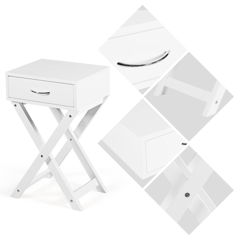 Modern Versatile Nightstand X-Shape Wooden Table with Drawer for Bedroom White6