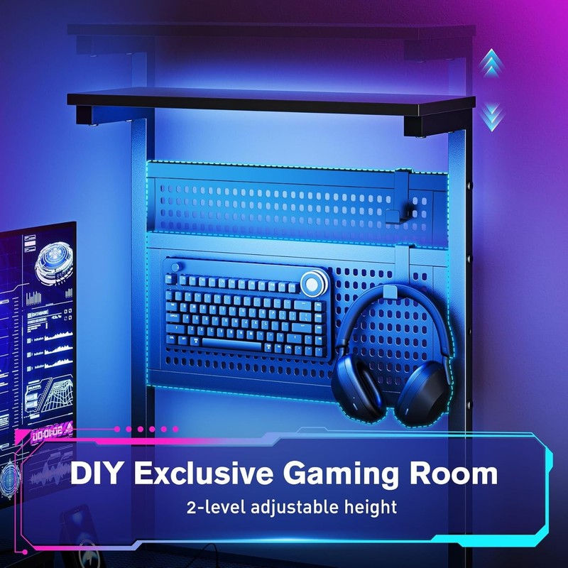 55" Gaming Desk w/ Adjustable Storage Rack, LED Lights & Power Outlets5