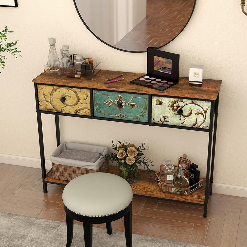 Entryway Console Table Rustic Brown Boho Sofa Table 3 Fabric Drawers Shelf6