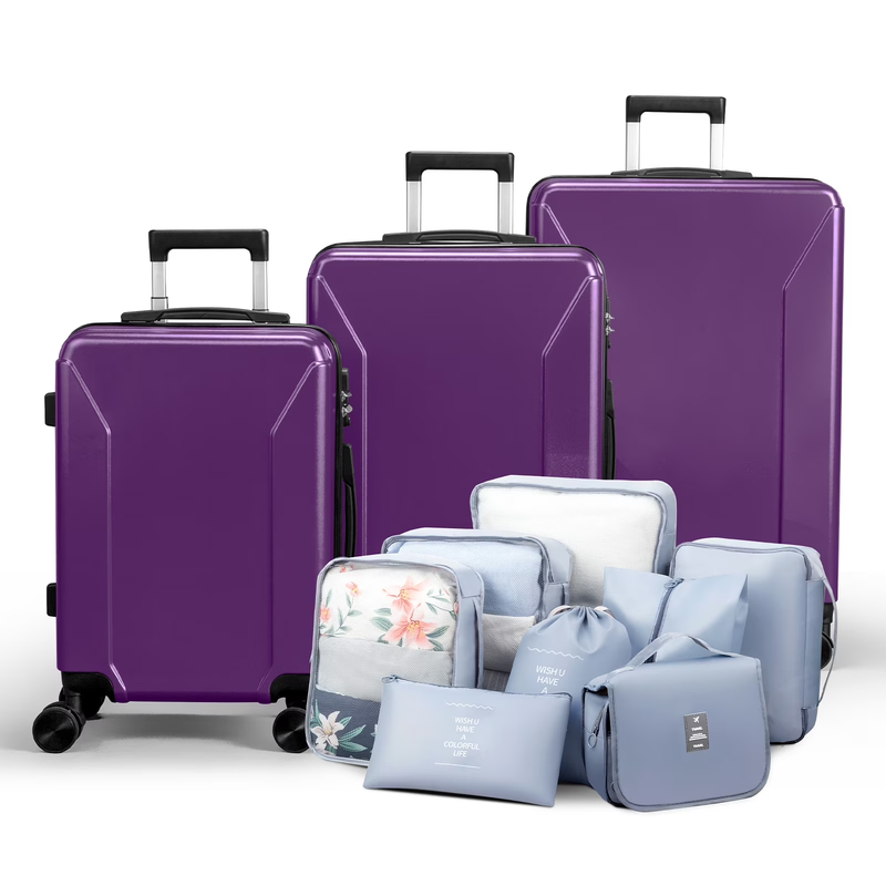 3-Piece Luggage Set with 8 Packing Cubes, Hard Shell Suitcases with Spinner Whee0