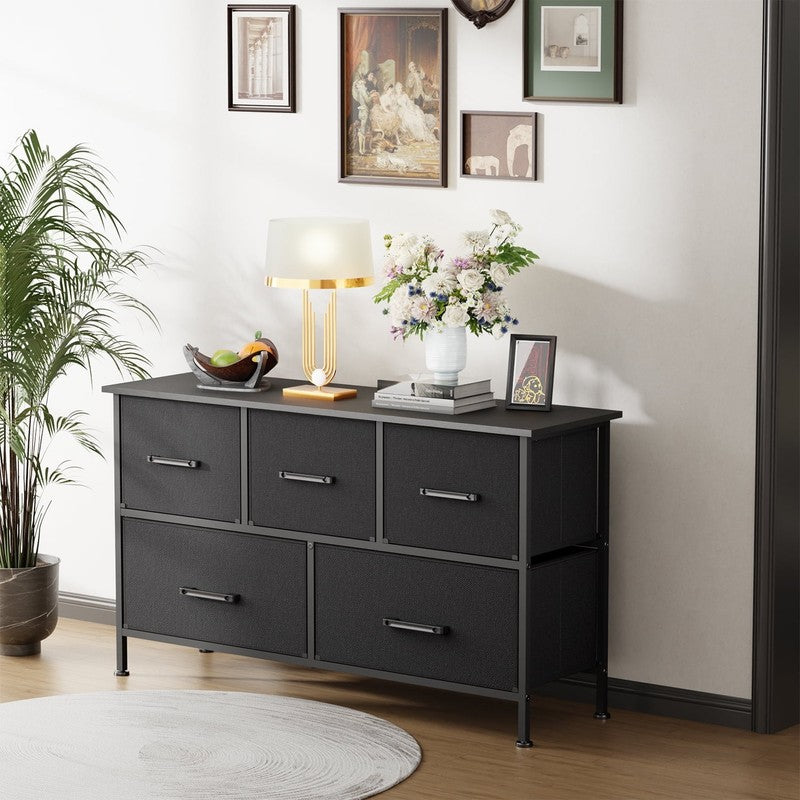 5 Fabric Drawers Dresser for Bedroom,Chest Organizer Units with Steel,Black3