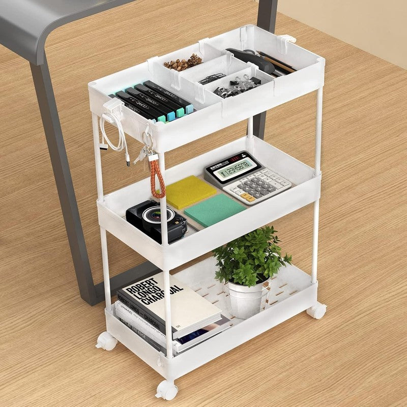 3-Tier Rolling Cart with Wheels, Storage Trolley Organizer with Baskets, White5