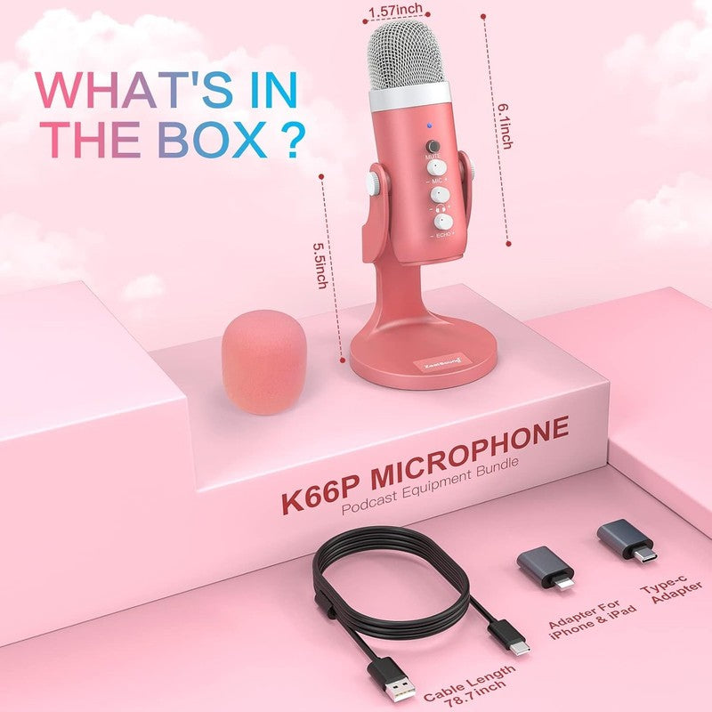 Pink USB Gaming Mic w/ Quick Mute, Echo, Monitor Volume PC Phone K666