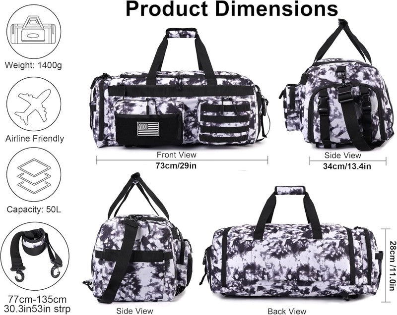 50L Tactical 3-in-1 Gym Duffle Backpack Laptop Shoe Compartment Travel Bag Black1