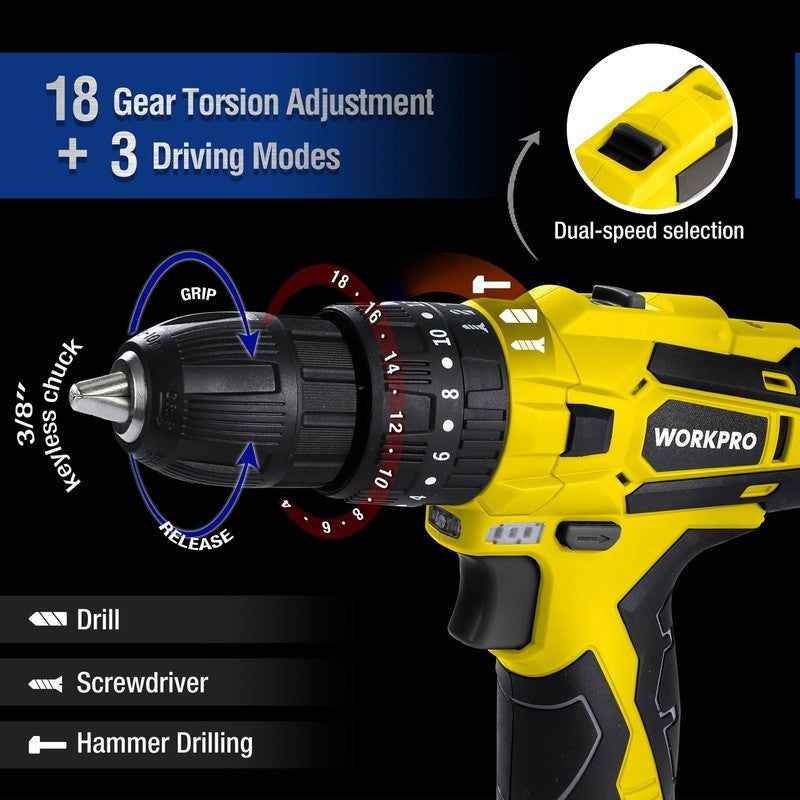 12V Cordless Drill Power Tool Set 177-Pc Combo Kit Yellow Storage Bag & Battery1