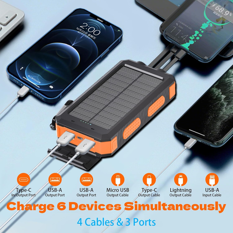 20000mAh Solar Power Bank 4 Cables USB-C Waterproof Dual Flashlight Camping1