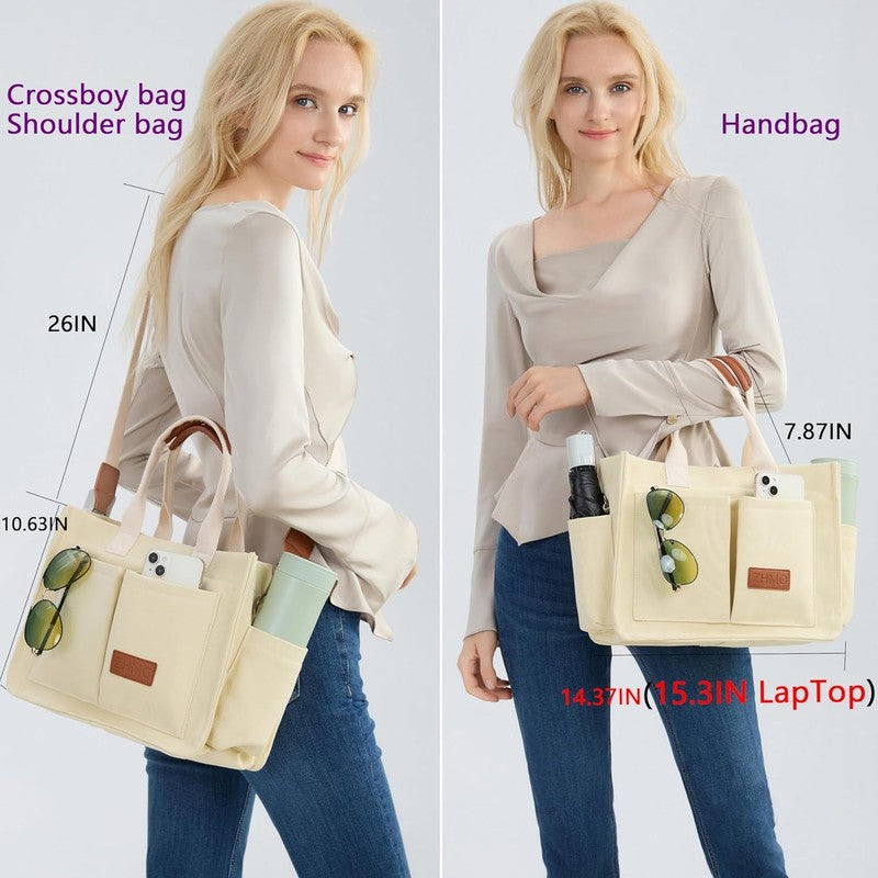 Women’s Canvas Tote Bag w/ Compartments Large Shoulder Crossbody Work Laptop2