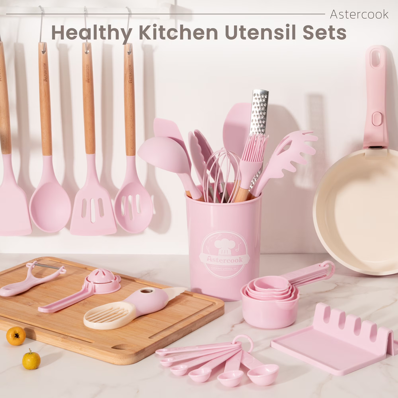 38PCS Silicone Kitchen Utensil Set Wooden Handle Heat Resistant Pink6