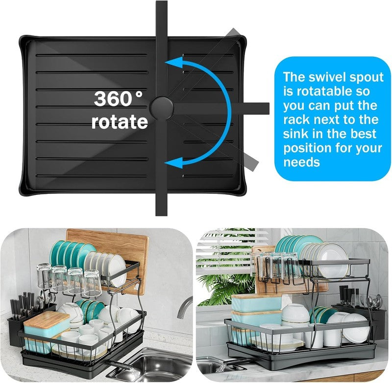 2 Tier Large Dish Drying Rack with Utensil Holder   Black Kitchen Organizer1