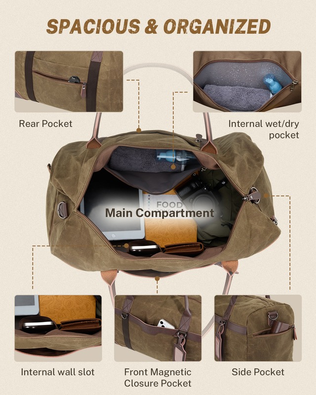 55L Waxed Canvas Duffle Bag Water Resistant Weekender Travel Bag Shoe Comp1
