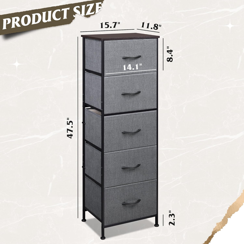 5 Drawer Fabric Dresser Storage Tower Steel Frame Wood Top Dark Grey2