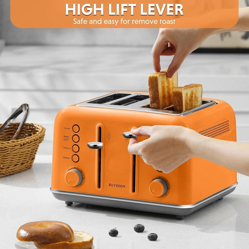 Retro 4 Slice Toaster 1800W Extra Wide Slots 7 Shade Bagel Stainless Orange4