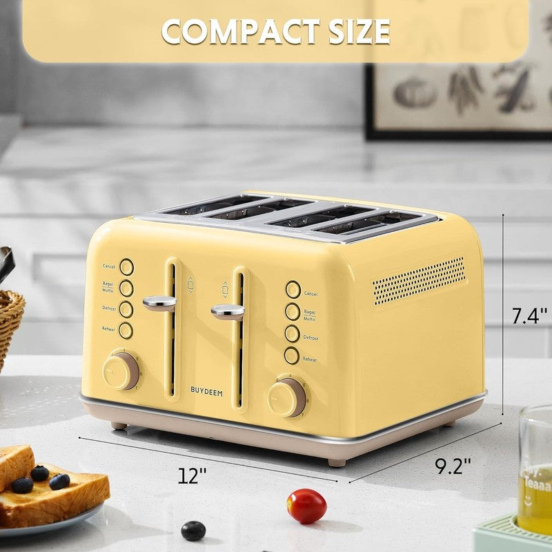 Retro 4 Slice Toaster 1800W Extra Wide Slots 7 Shade Bagel Stainless Yellow5