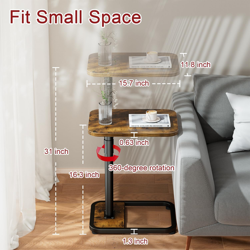 C-Shaped Swivel End Table Adjustable Side Table Rustic Brown Wood1