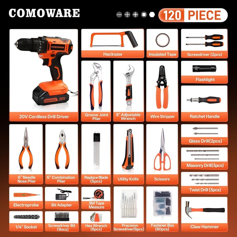 20V Cordless Drill Tool Set 120Pc Hand Tools Home DIY Office Garden Toolbox1