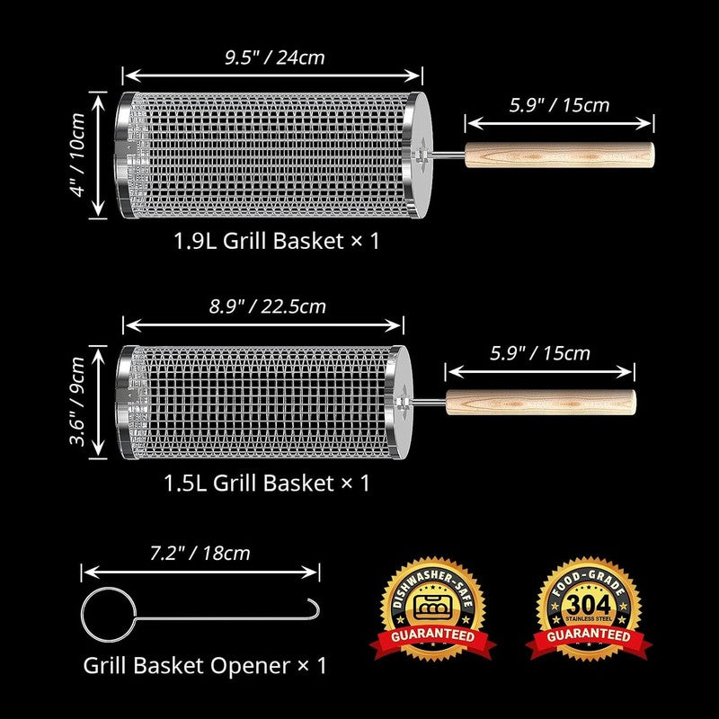 Rolling Grill Basket, Removable Wooden Handle, 304 Stainless Steel, Nesting BBQ 1