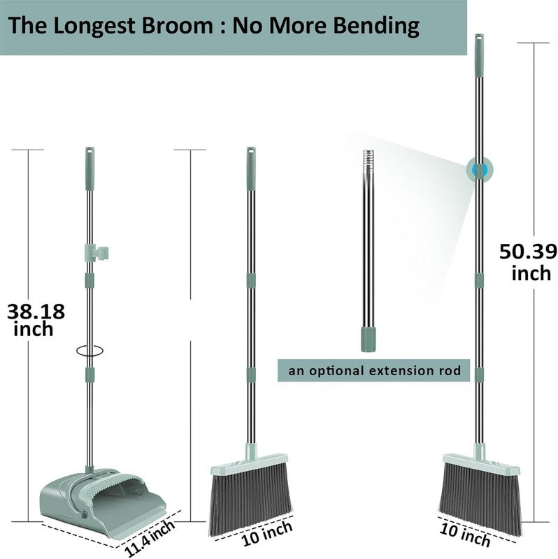 Long Handle Broom and Dustpan Set   Ideal for Indoor & Outdoor Use (Green)1