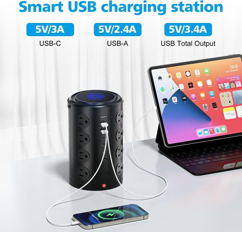 Tower Power Strip Surge Protector with 16 Outlets and 5 USB Ports (2 USB-C), 6FT4