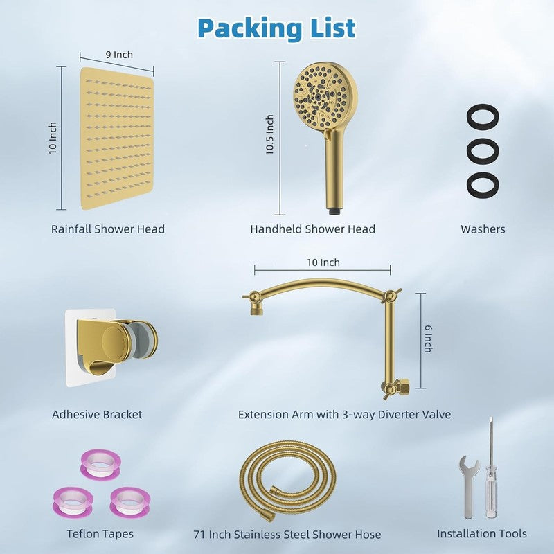 10" Rain Shower Head Combo Handheld 10 Spray 16" Arm Brushed Gold7