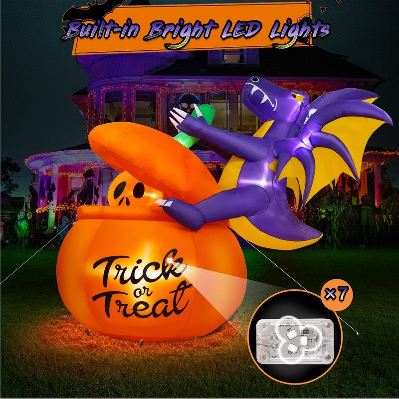 6Ft Halloween Inflatable Pumpkin Dinosaur w/ Lights Outdoor Decoration3