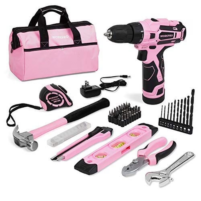 12V Cordless Drill Driver Kit 61Pc Tool Set 1.5Ah Battery Charger Pink Bag9