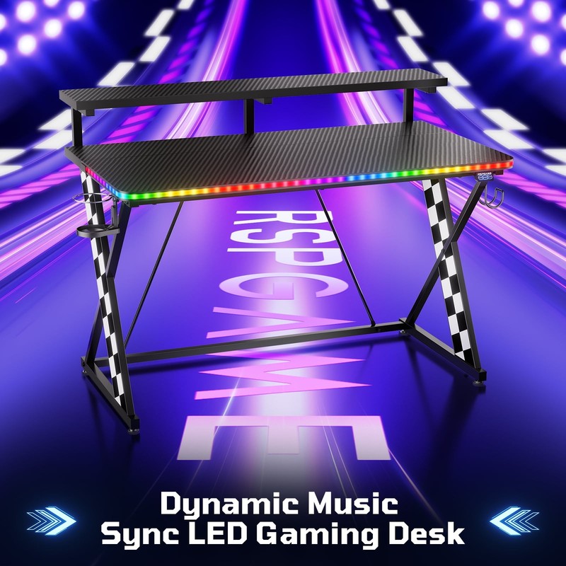 43" X-Shaped Gaming Desk Music Sync LED with Monitor Stand White Racing4