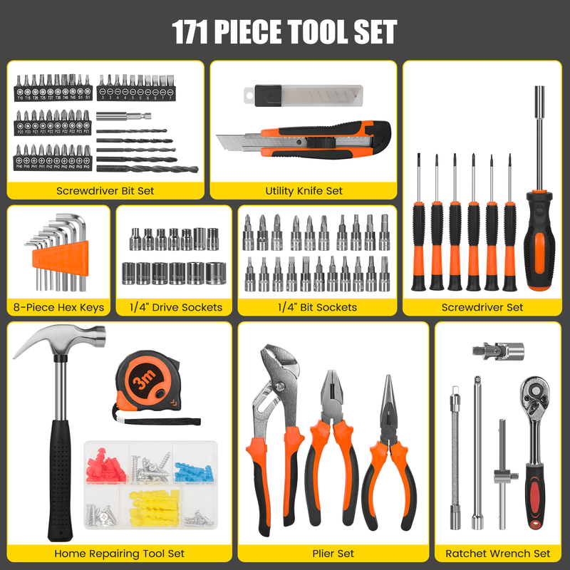 171 Piece Household Tool Kit/Mechanics Tool Set, Socket Wrench Auto Repair Tool 1