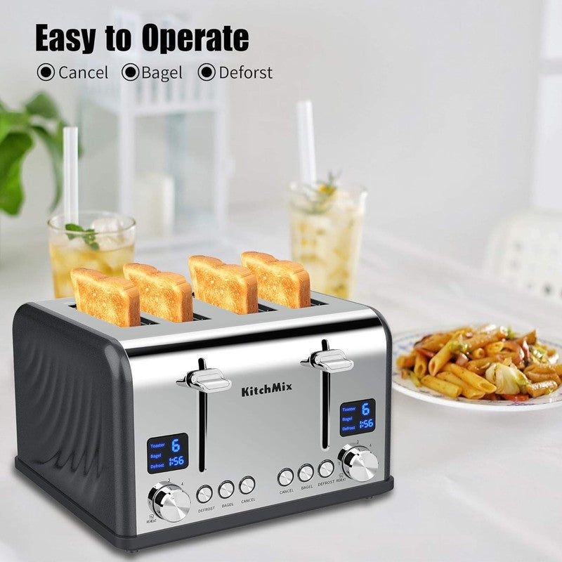 4 Slice Toaster Gray - Stainless Steel, LCD Timer, Wide Slots, Dual Screen3