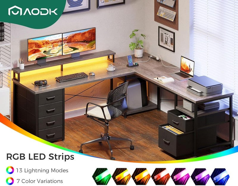 66" L Shaped Desk 113" Computer Desk LED Power Grey Home Office5