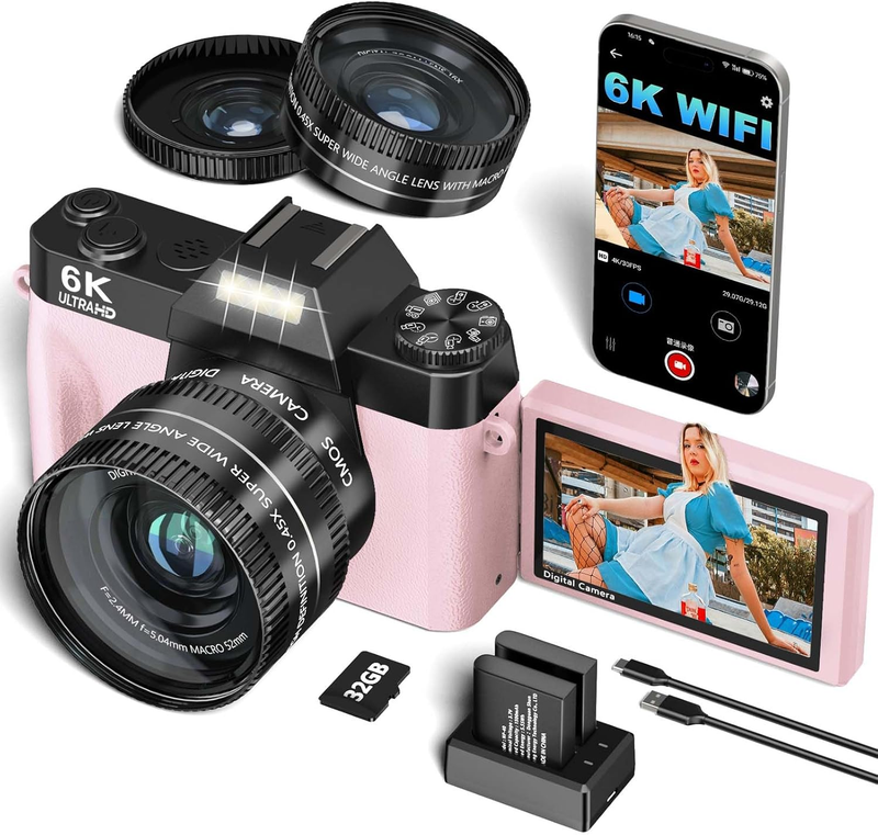 6K Digital Camera 64MP Vlogging WiFi 180° Flip Screen 16X Zoom 32GB Pink8
