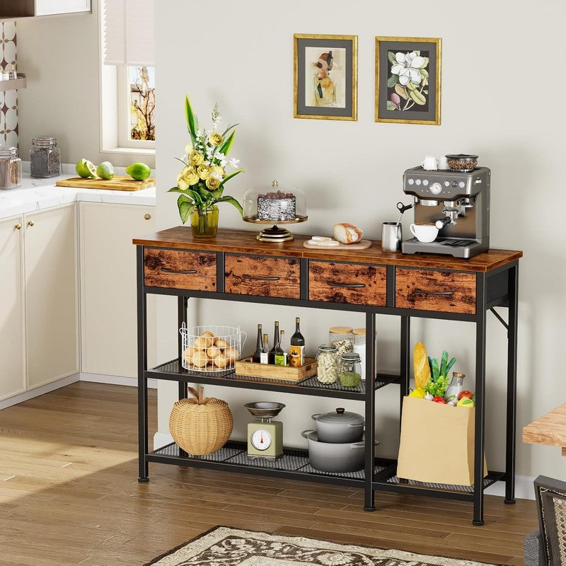47" Industrial Entryway Table Sofa Console 4 Fabric Drawers Rustic Brown6