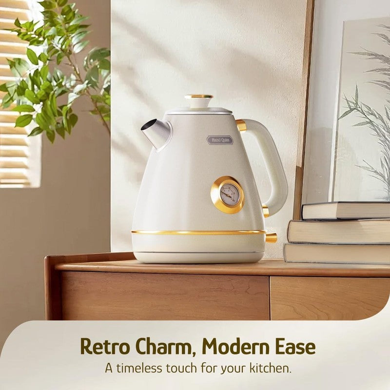 Retro Electric Kettle 1.7L 1200W Stainless Steel w/ Thermometer Pearl White1