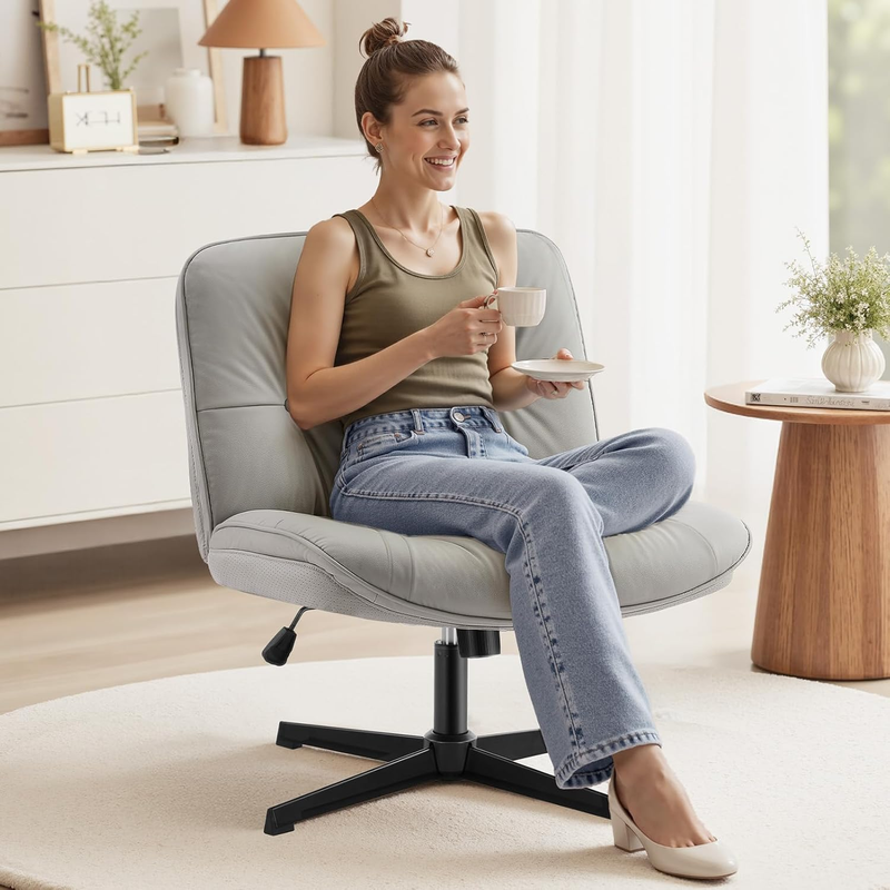 Armless Criss Cross Office Chair Gray PU Leather Swivel No Wheels Desk Chair9