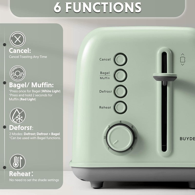 Retro 2 Slice Toaster Extra Wide Slots Stainless Steel 7 Shade Muffin Green1