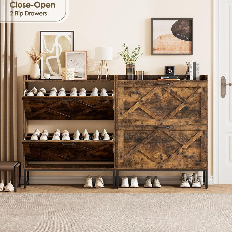 Shoe Cabinet 2 Flip Drawers Freestanding Slim Farmhouse Entryway Rustic Brown2