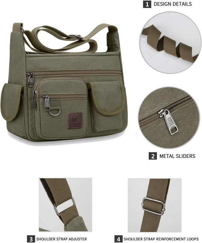 Canvas Shoulder Bag Men Multi Pocket 13 Inch Laptop Crossbody Travel Bag4