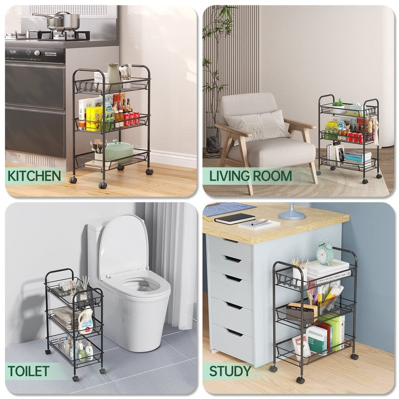 3 Tier Slim Mesh Rolling Storage Cart Black, Metal Organizer for Narrow Spaces1