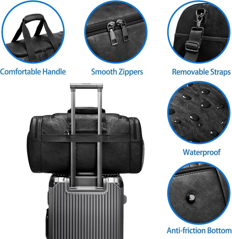 Leather Travel Duffle Bag Waterproof Weekender Shoe Compartment Gym Business Bag2