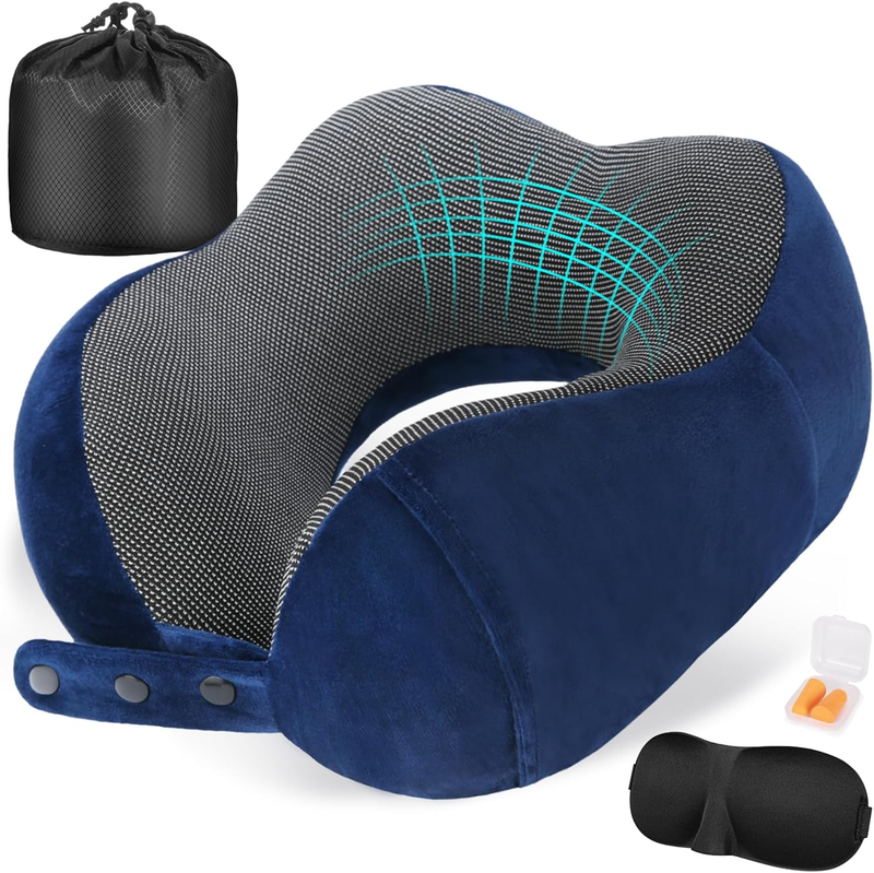 Adjustable Memory Foam Travel Neck Pillow Set w/ Eye Mask, Earplugs & Bag0