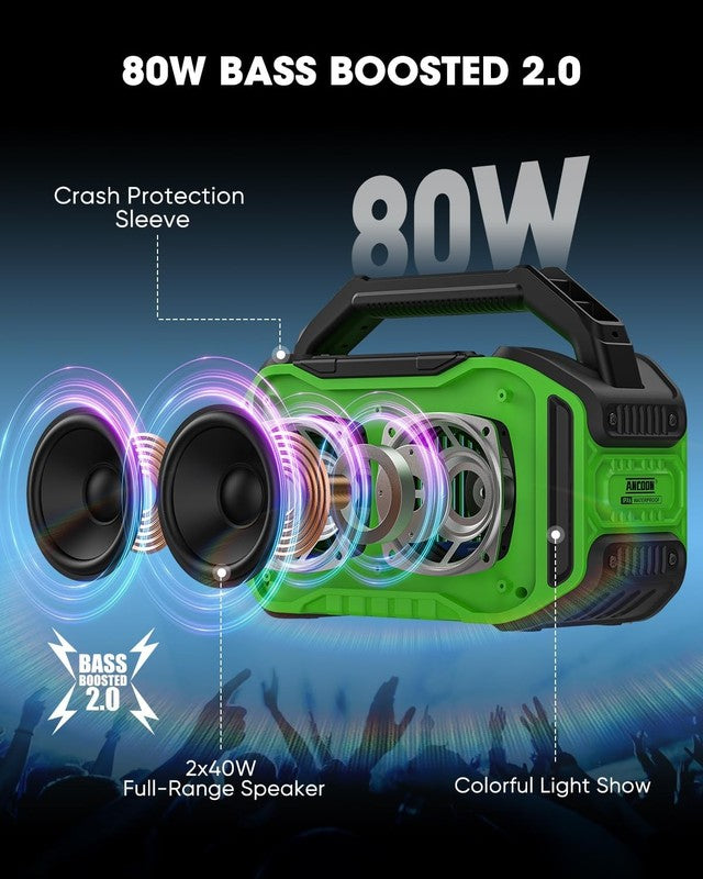 80W Bluetooth Speaker, Loud Bass, IPX6 Waterproof, 20H Playtime, TWS, Green1