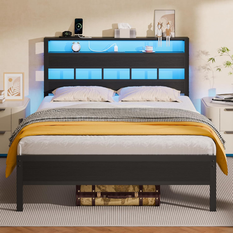 Size Bed Frame LED Charging Station Storage Headboard Metal Platform Black Oak10